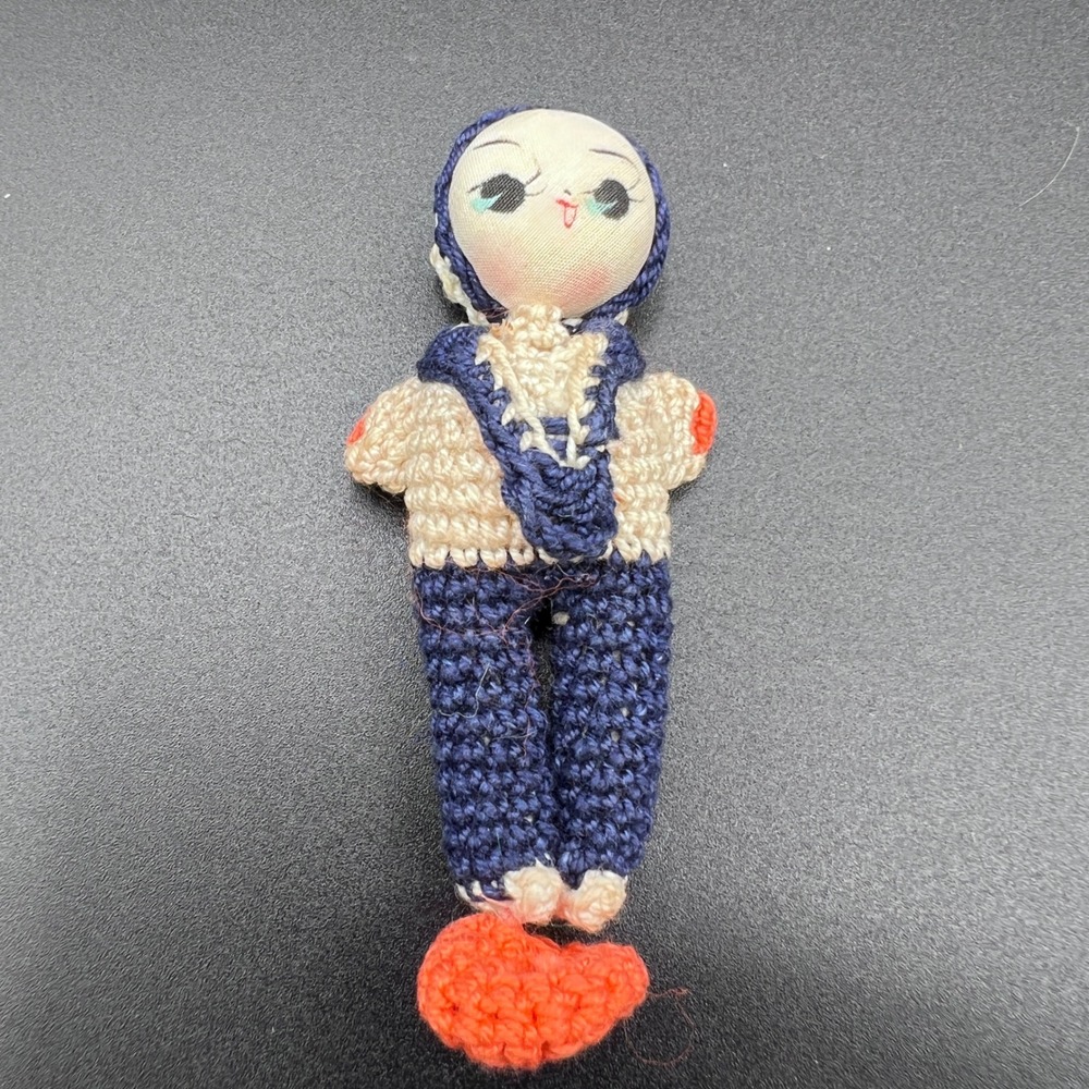 Vintage Amigurumi Crochet Mini 3" Hand Painted Silk Face Boy doll